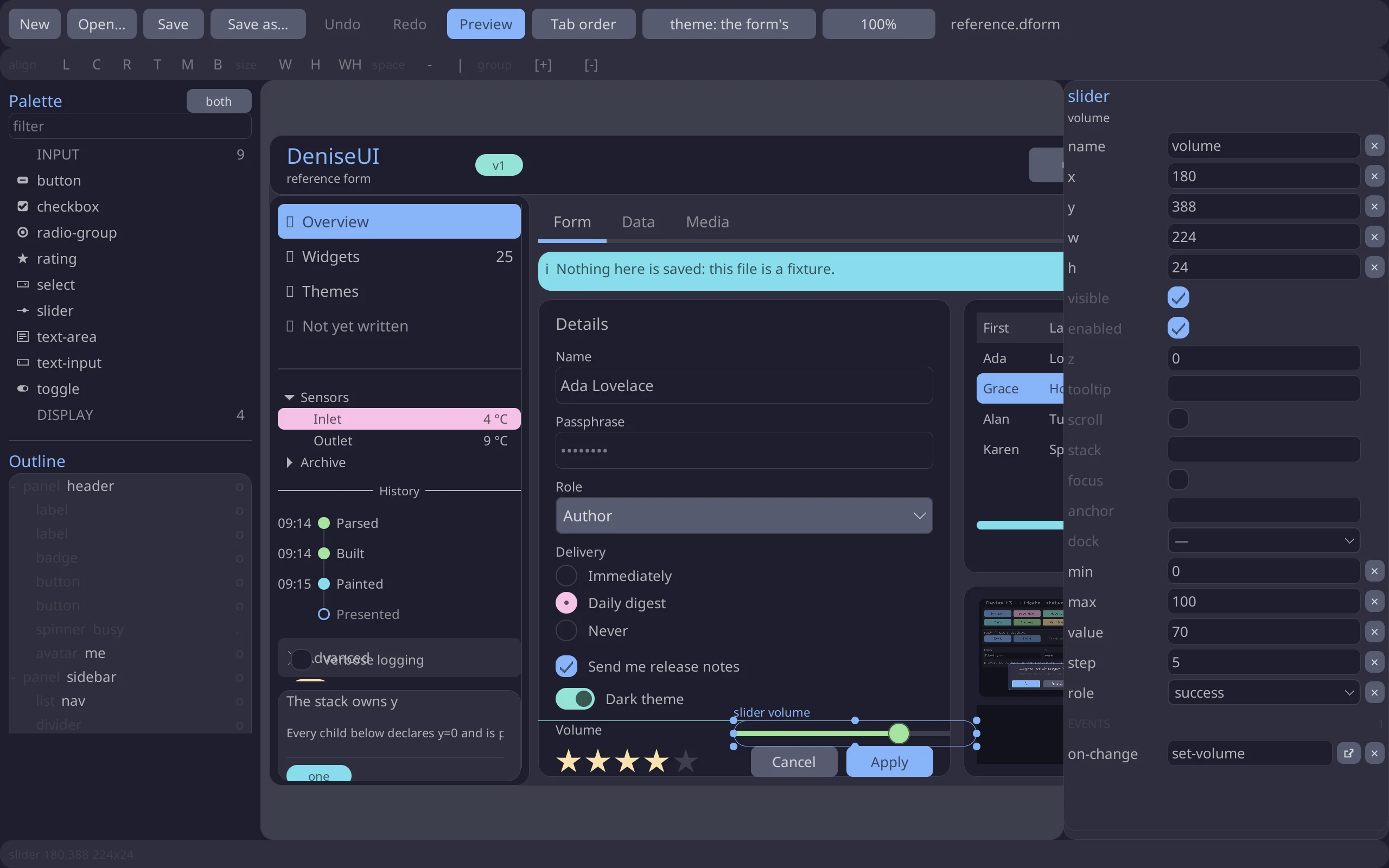 The DeniseUI designer: a palette and outline on the left, the reference form on the canvas with a selected slider showing eight handles and an alignment guide, and the slider’s properties on the right