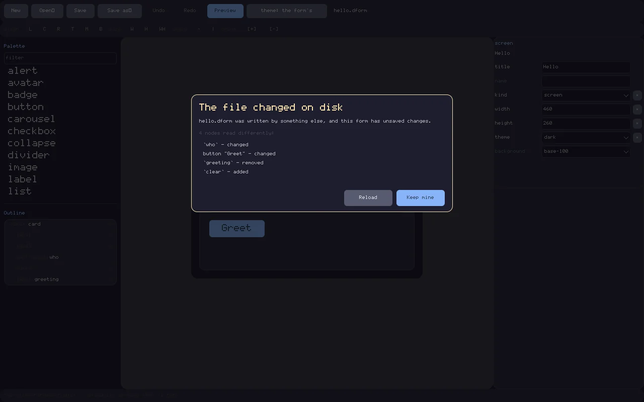 The designer’s file-changed sheet, offering to reload a form edited elsewhere