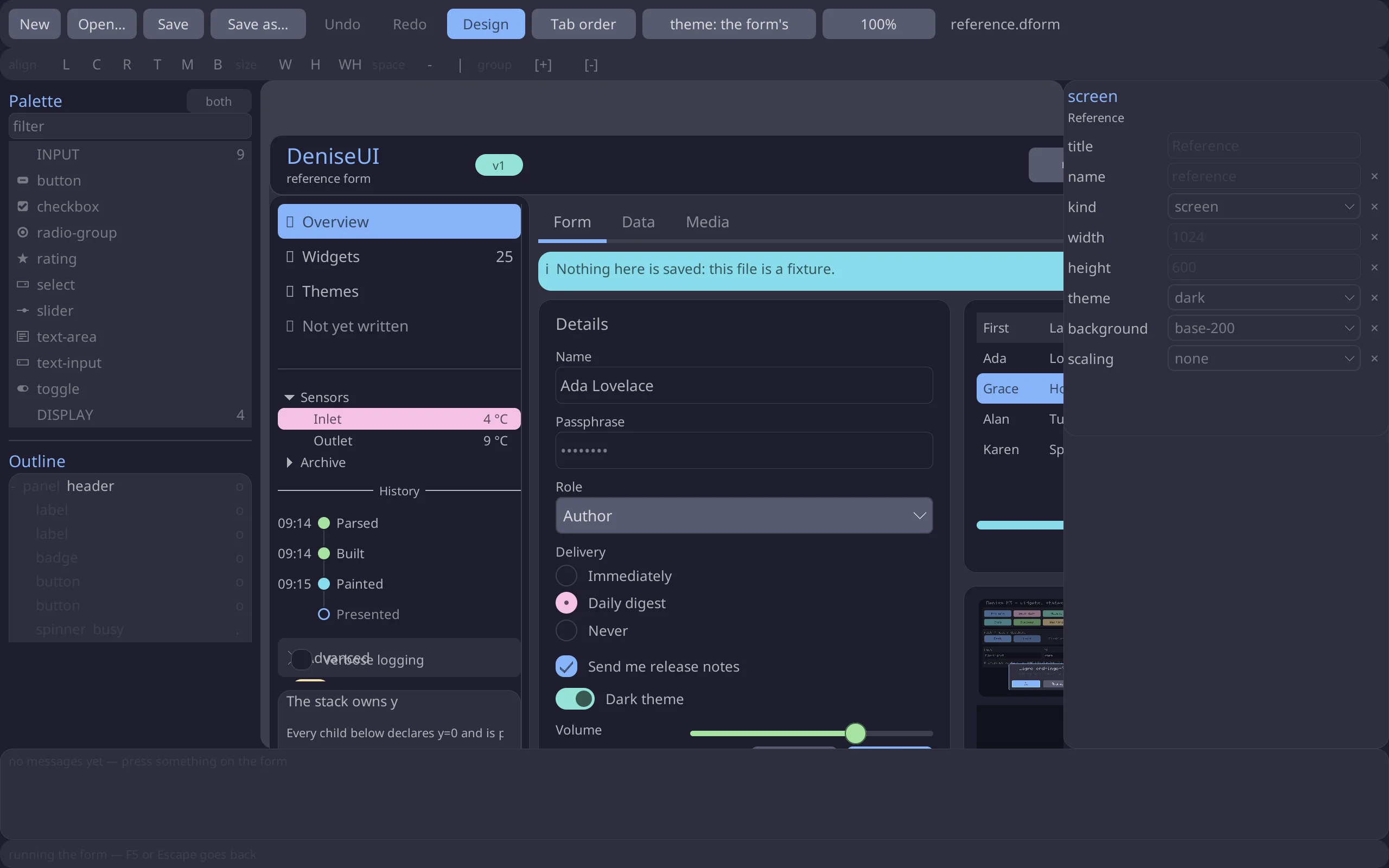 The designer in preview mode, running the form on its canvas