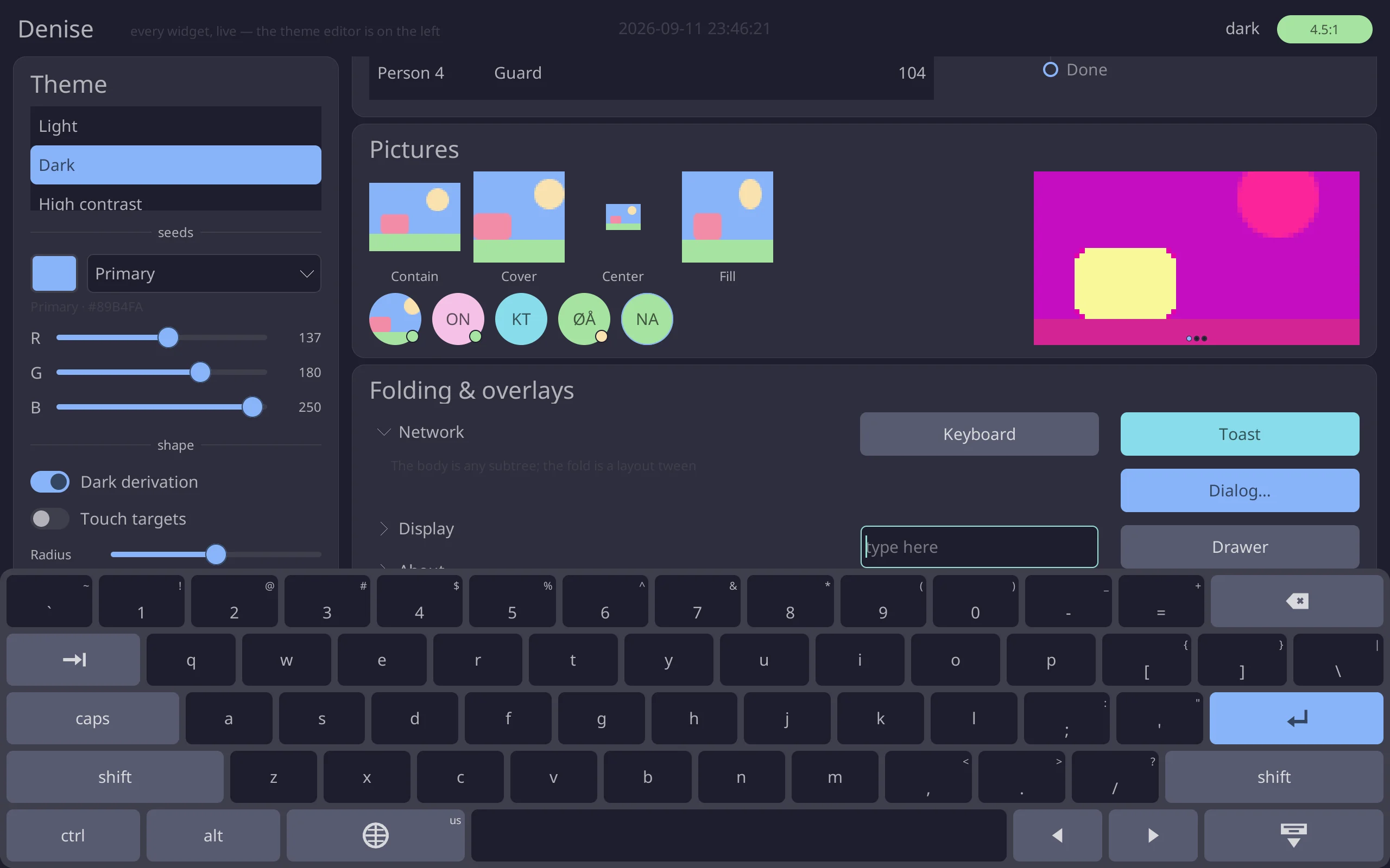 The gallery with the on-screen keyboard up: a theme editor on the left, role buttons, form controls, a progress ring, ratings and a spinner, and a full keyboard along the bottom