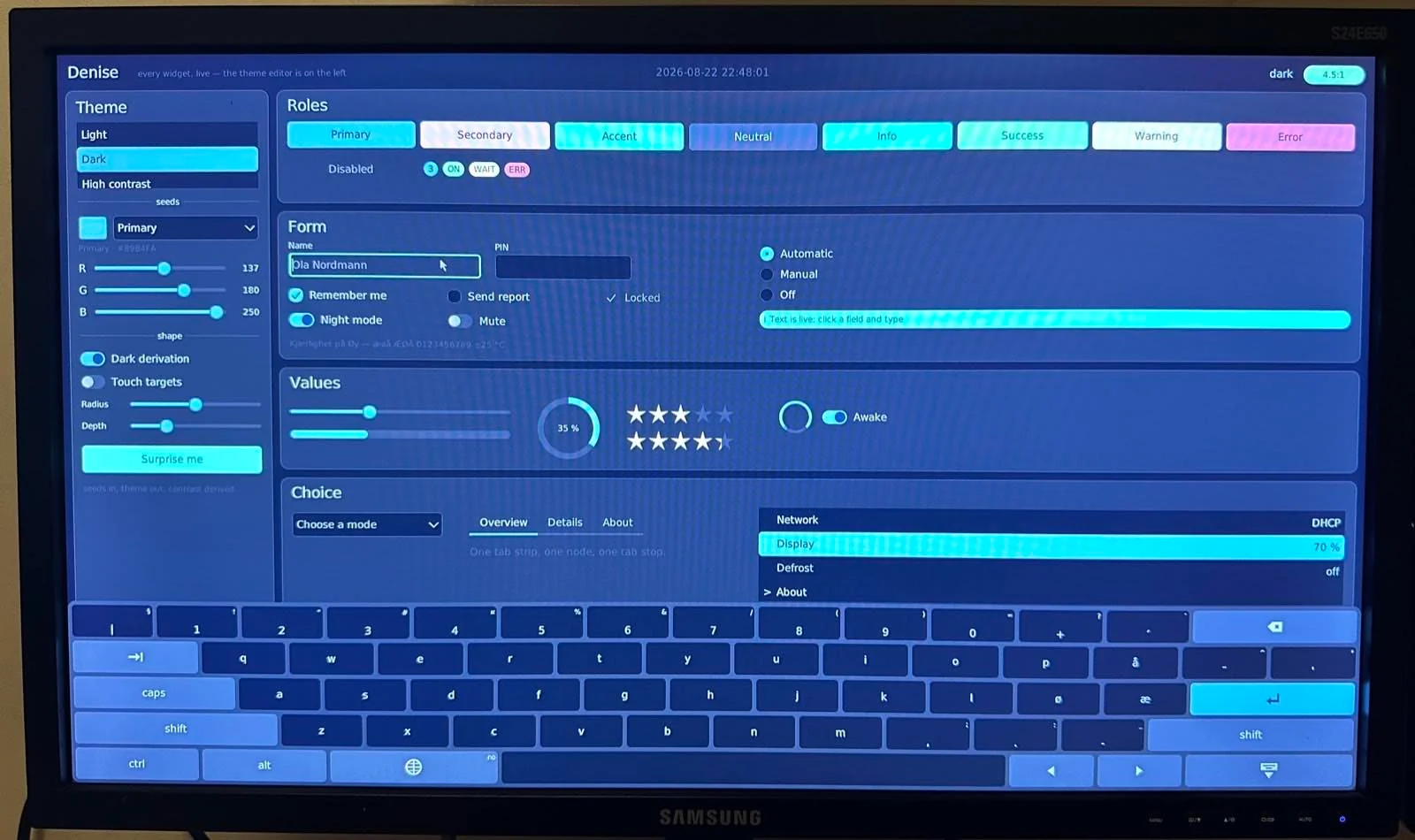 The gallery filling a monitor attached to a Raspberry Pi, in the dark theme, with the on-screen keyboard up