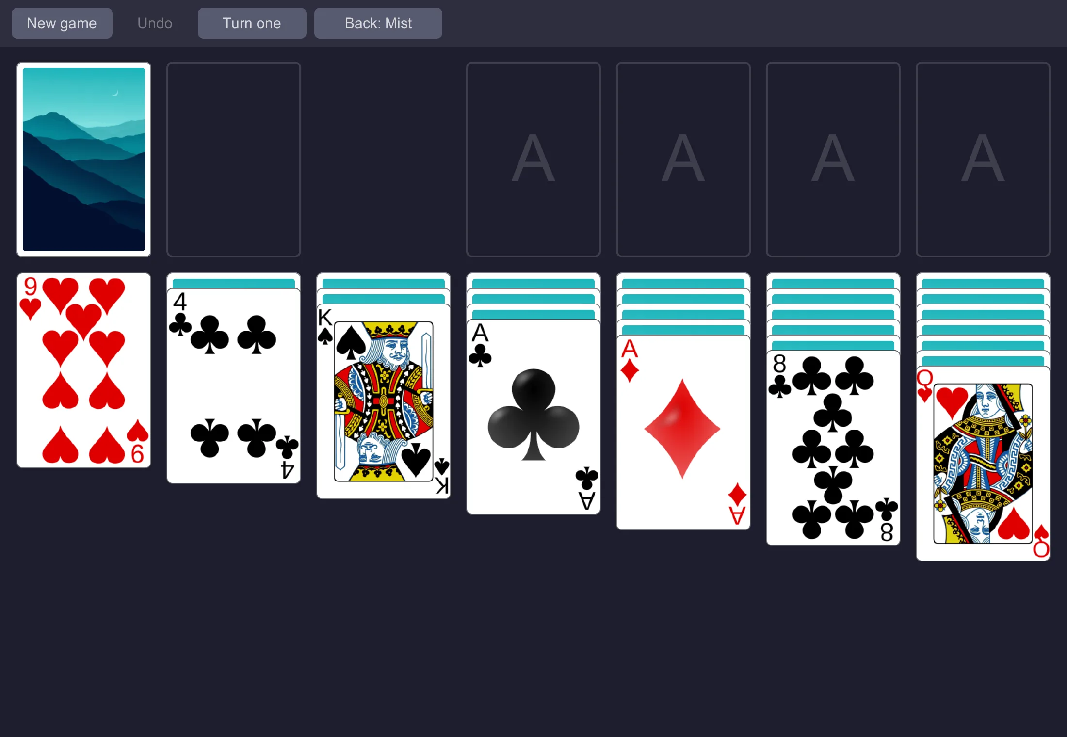 A dealt game of Klondike: the stock with a picture of mountains on its back, four empty foundations, and seven piles each with its last card face up
