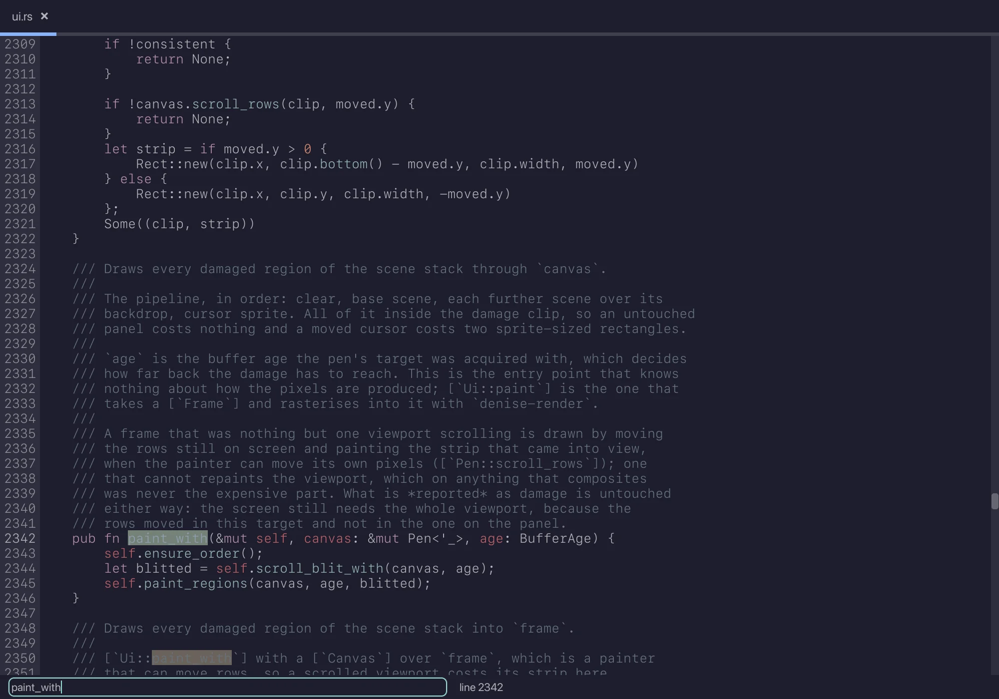 squint showing a Rust source file with syntax highlighting, a tab at the top, line numbers, and a find field at the bottom